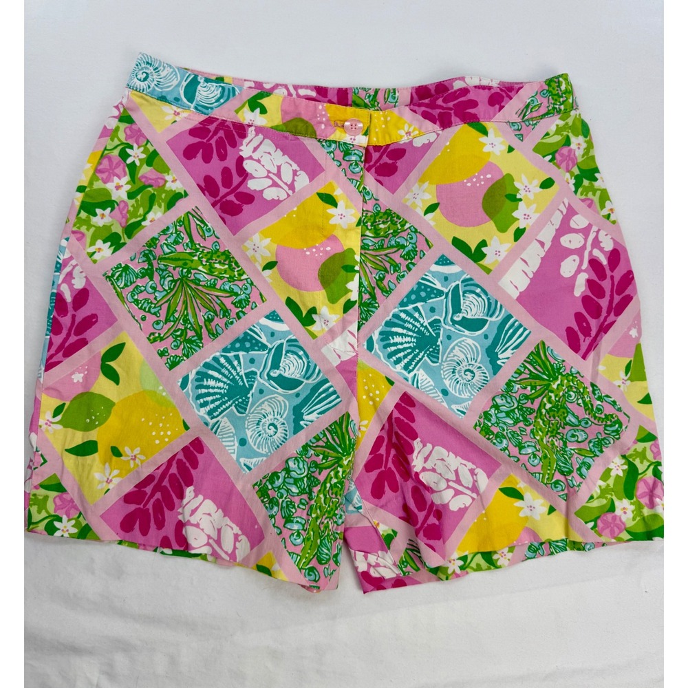Vintage Lilly‎ Pulitzer Womens Pink Yellow Patchwork Seashell Tropical Shorts 6